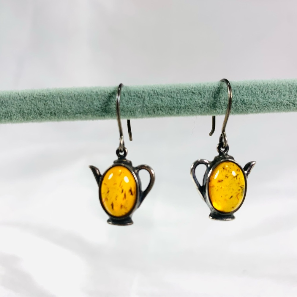 Amber teapot dangle sterling earrings